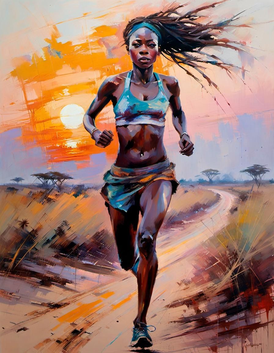 Benin Woman Runs on Savannah: Fine Line Art
