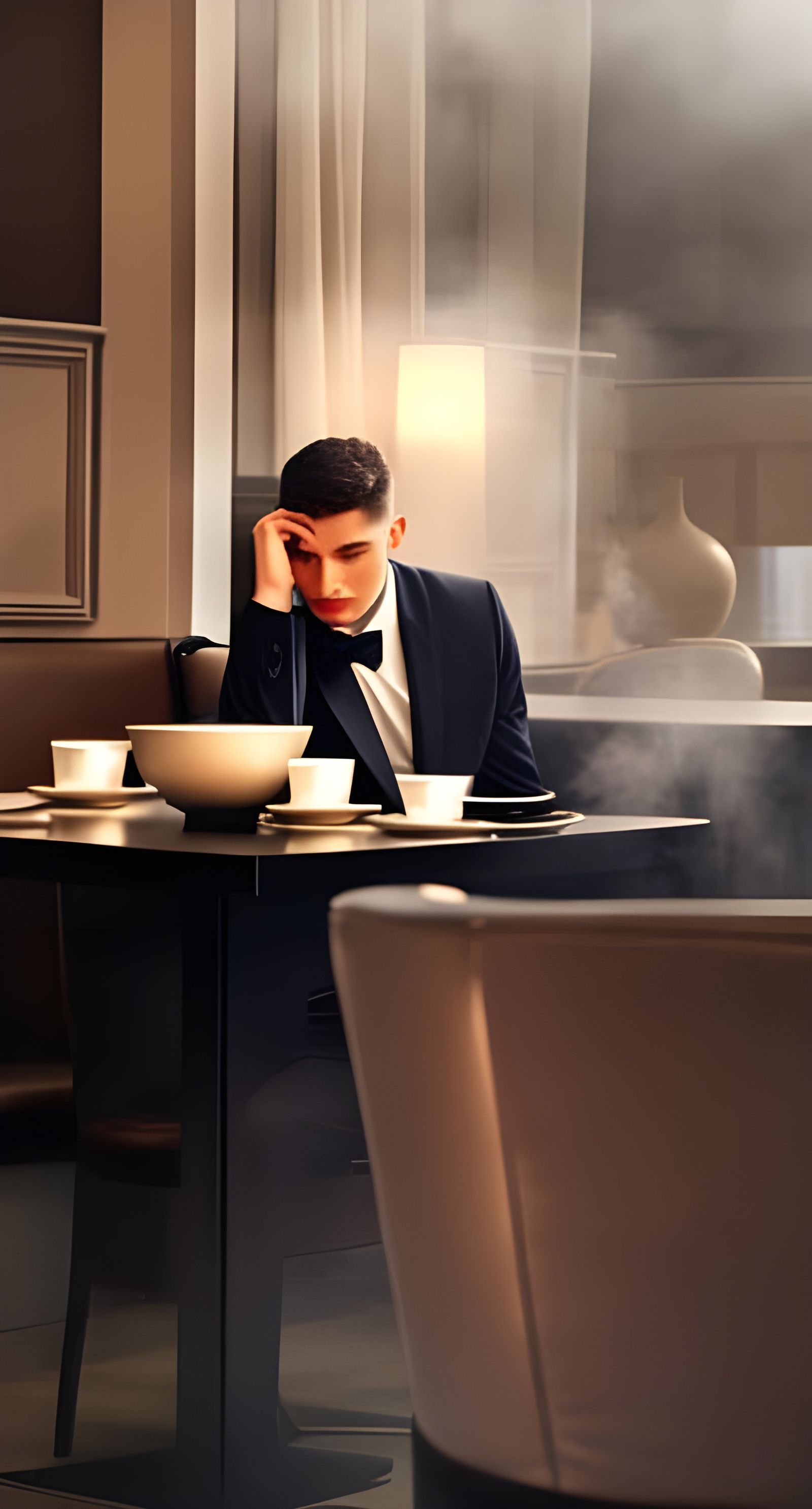 Photorealistic Portrait of Man in Cafe with Tea
