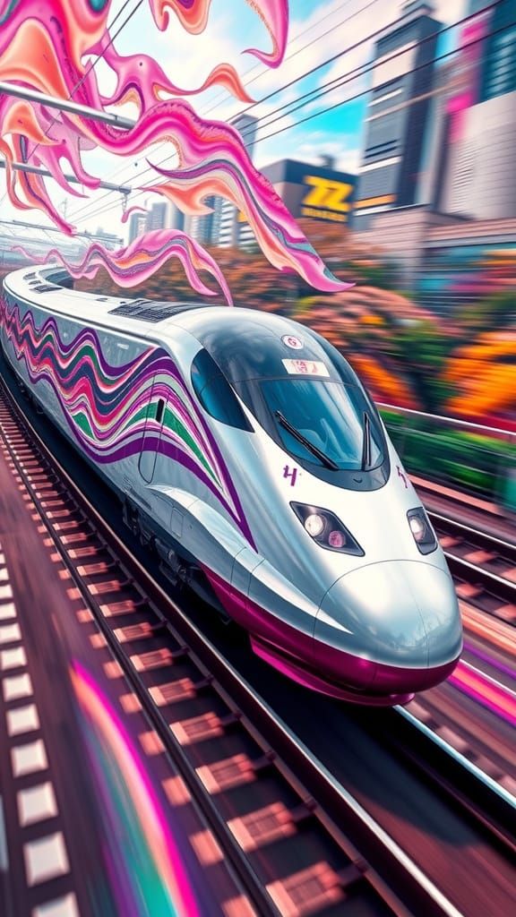 Surreal Japanese Bullet Train in Vibrant Psychedelic Aesthet...