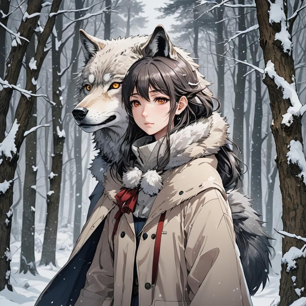 Anime Girl Shapeshifting into Wolf in Snowy Woods