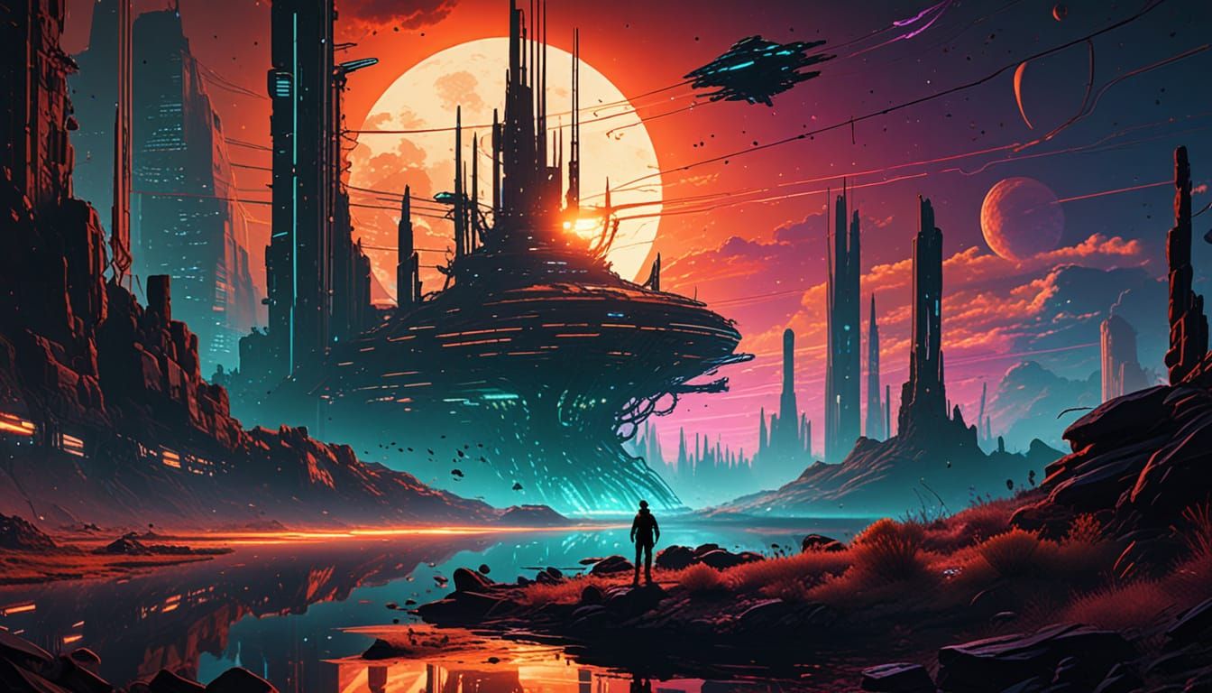 Cyber-Cowboys Ride Electro-Centipedes in Fiery Sunset