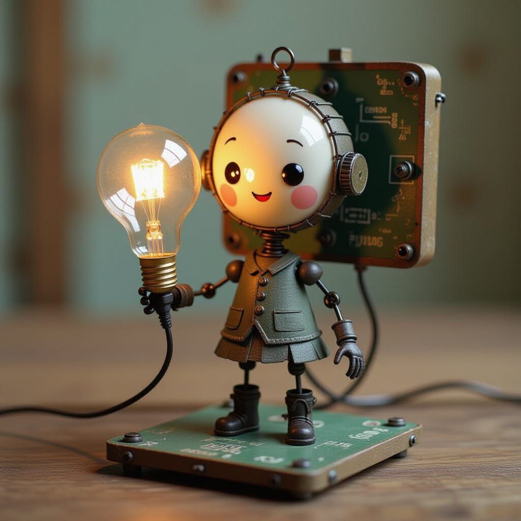Cute Chibi Lightbulb Figurine on Conductor Plate