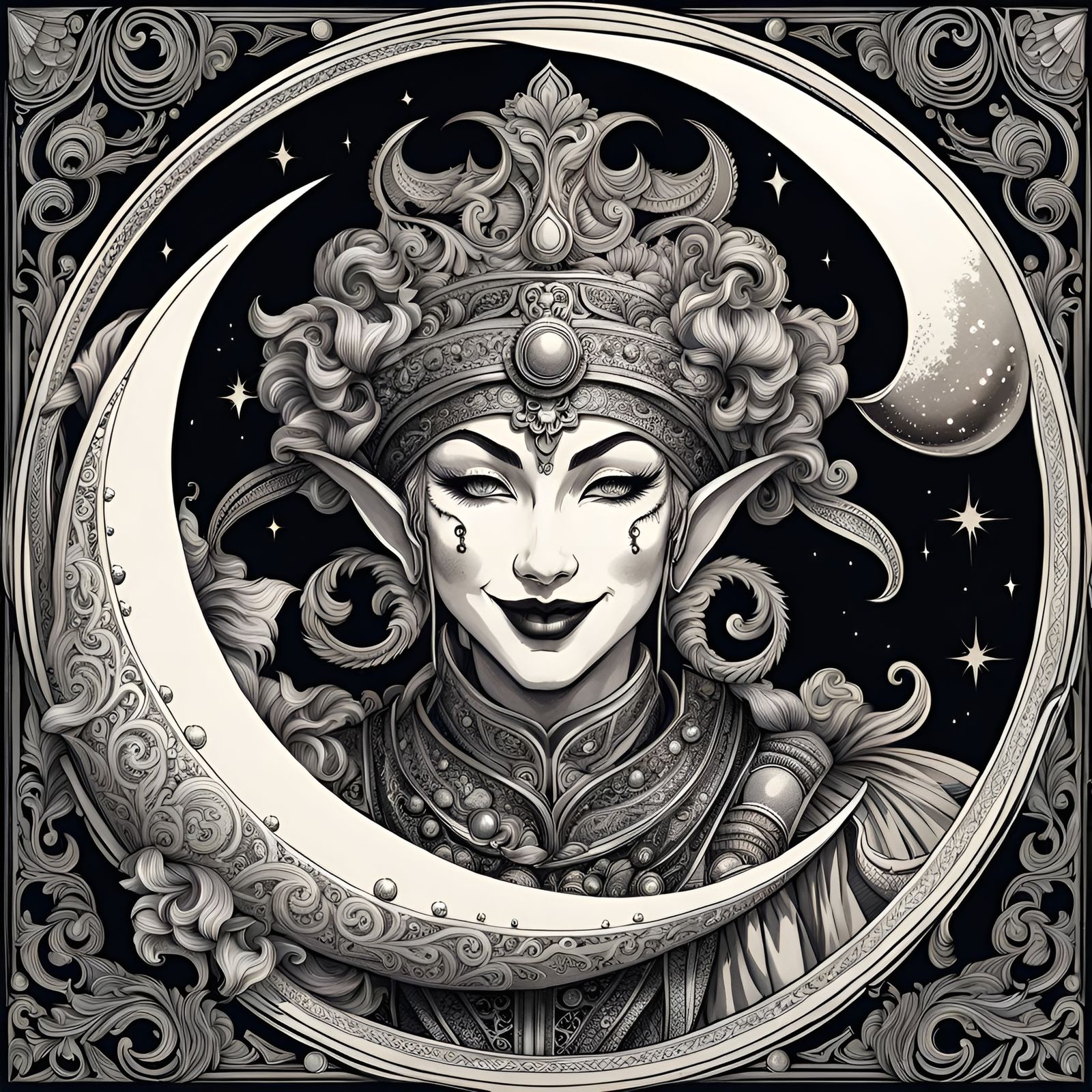 Laughing Jester Crescent Moon: Intricate Ink Painting