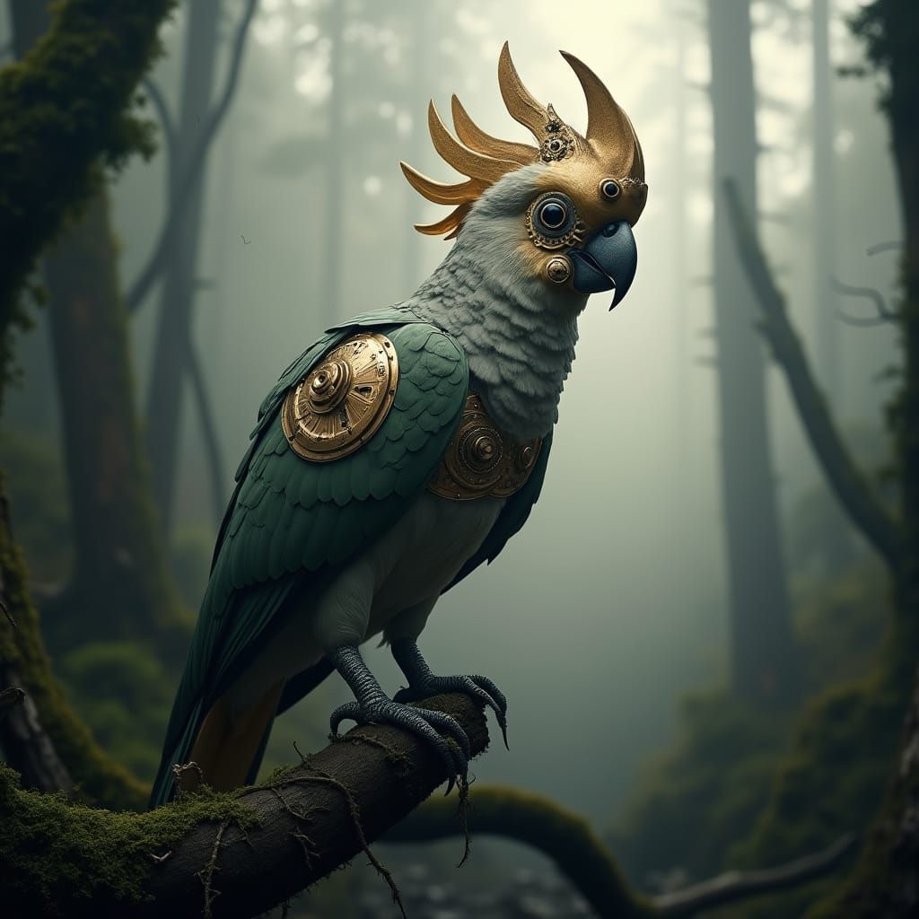 Steampunk Cockatoo in Misty Forest with Dramatic Lighting