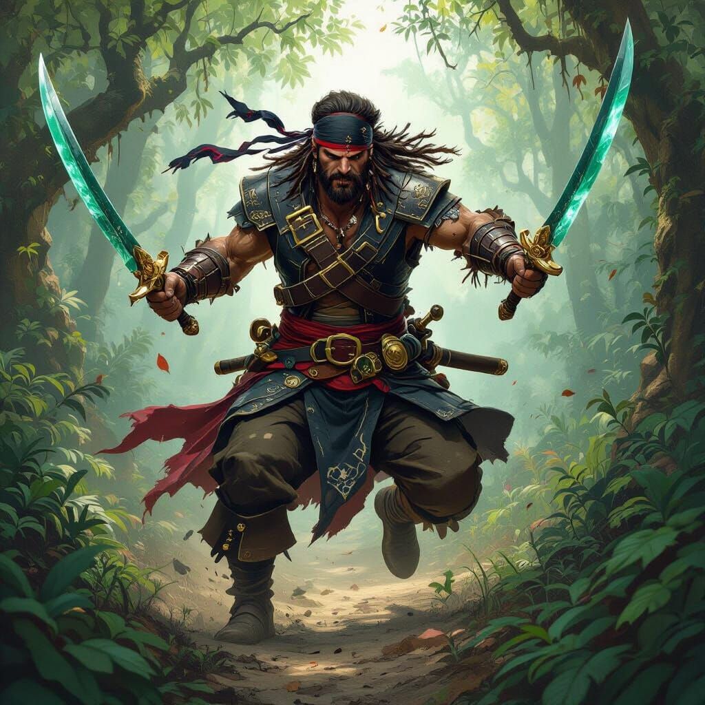 Pirate Charging Into Battle in Mystical Forest