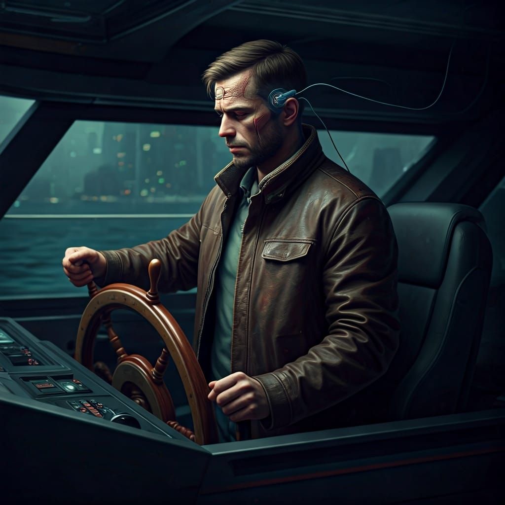 Cyberpunk Boatswain Piloting Yacht in Gritty Style