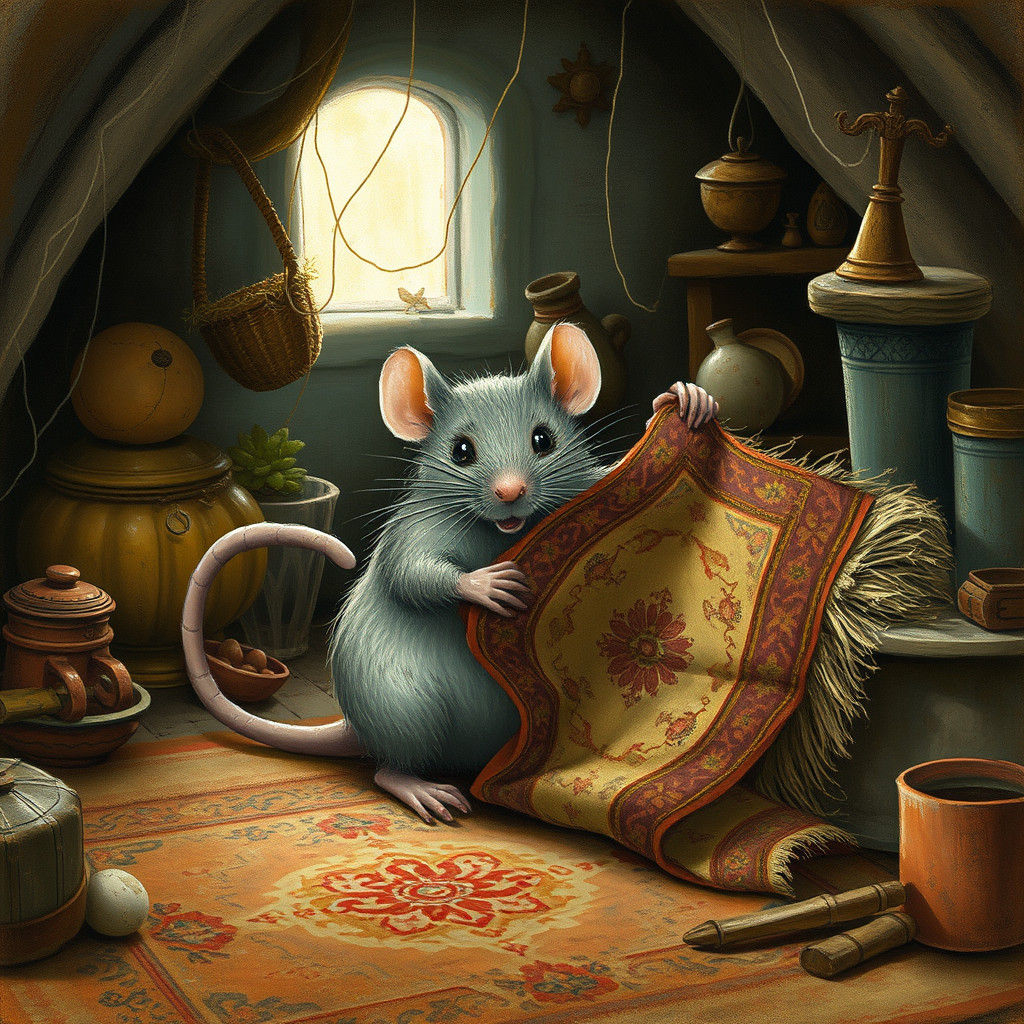 Whiskered Rat with Persian Rug, Storybook Illustration