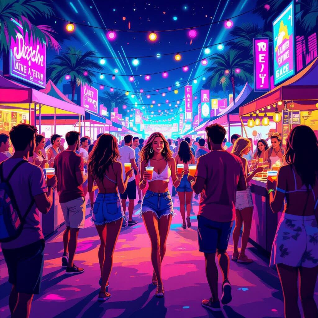 Vibrant Music Festival Scene with Dancing Crowds and Neon Li...