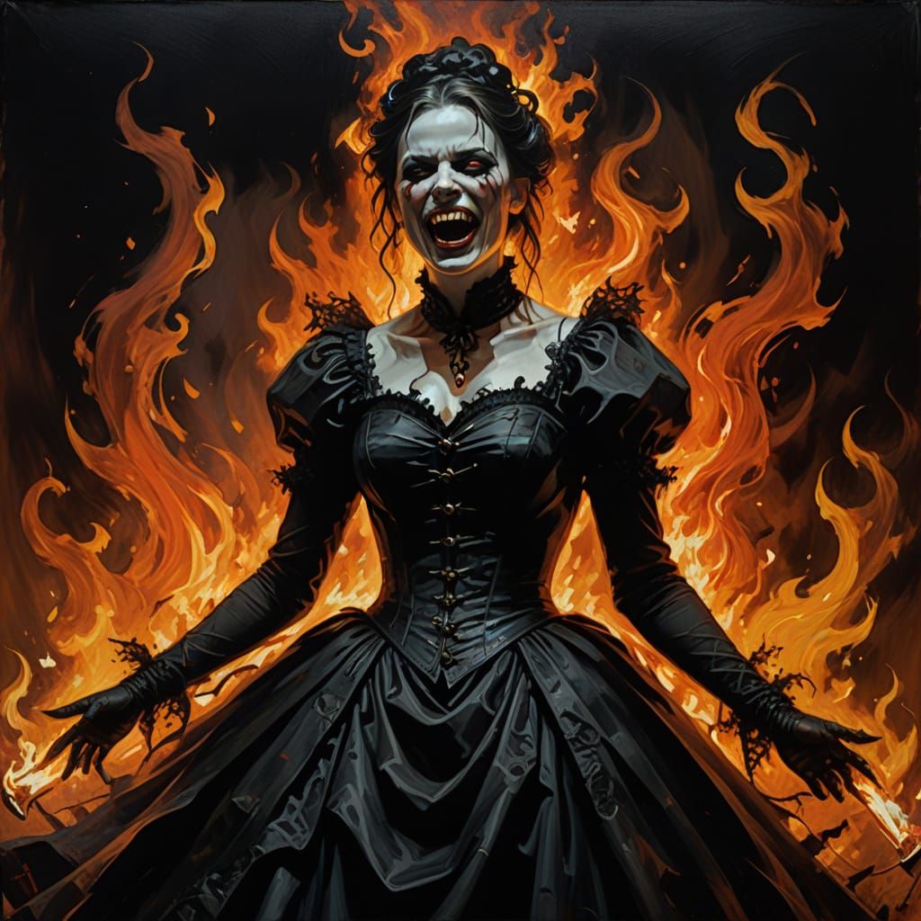 Goth Woman Reigns Over Hellish Flames in Dark Surrealism Mas...
