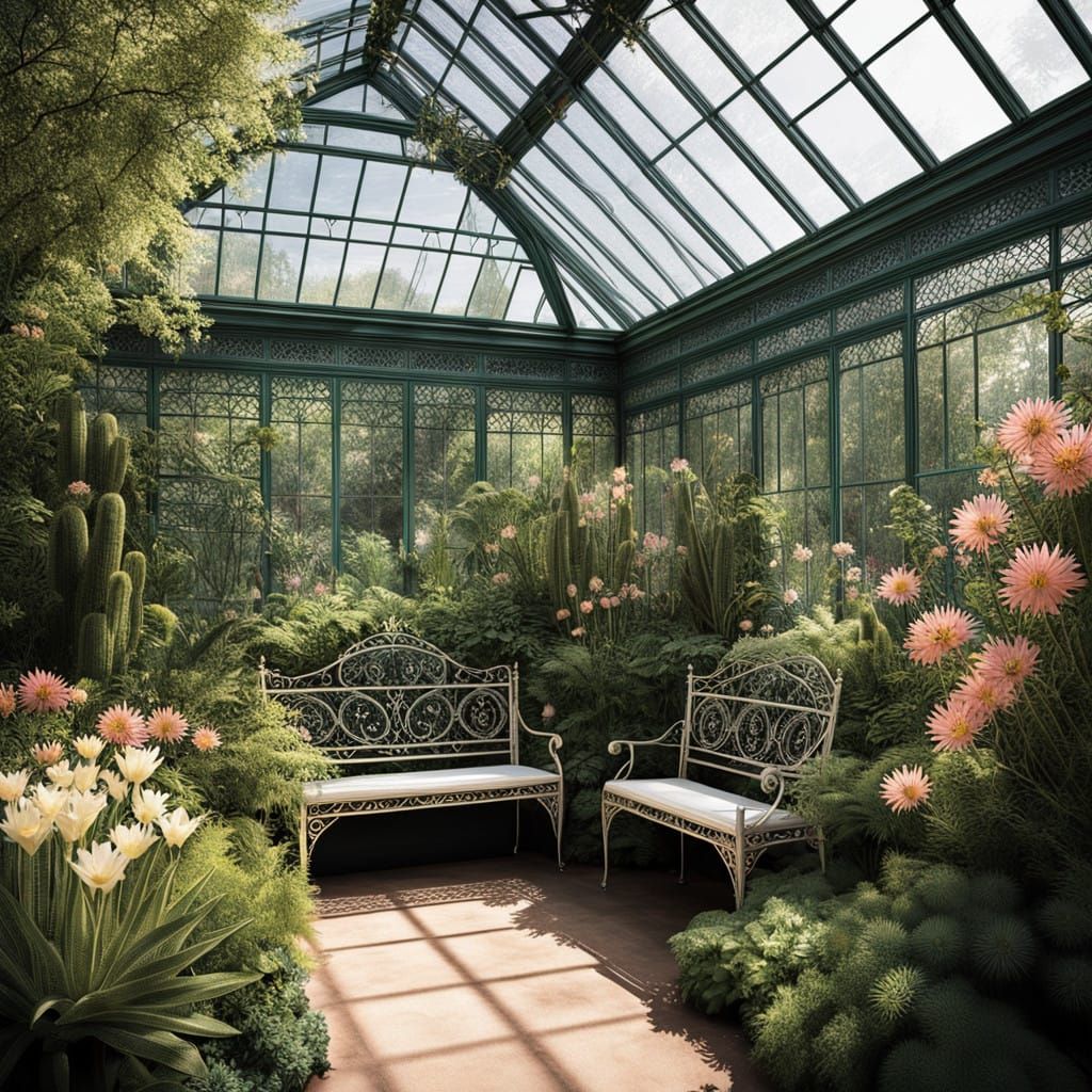 a photorealistic depiction of a lush Victorian-era botanical...