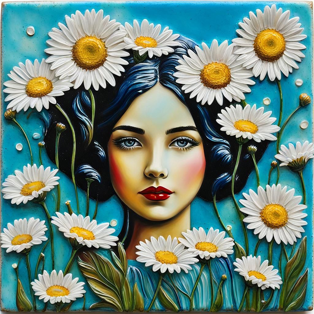 Lady with Daisies in Encaustic Art Style