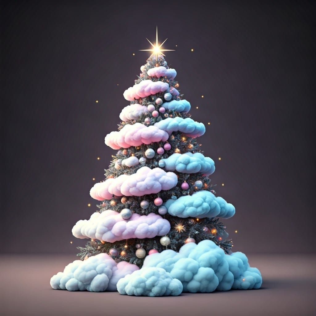 Christmas Tree Enveloped in Soft Clouds with Twinkling Stars