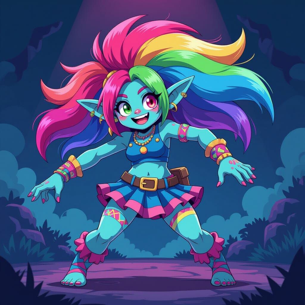Rainbow-Haired Troll Girl in Anime Style