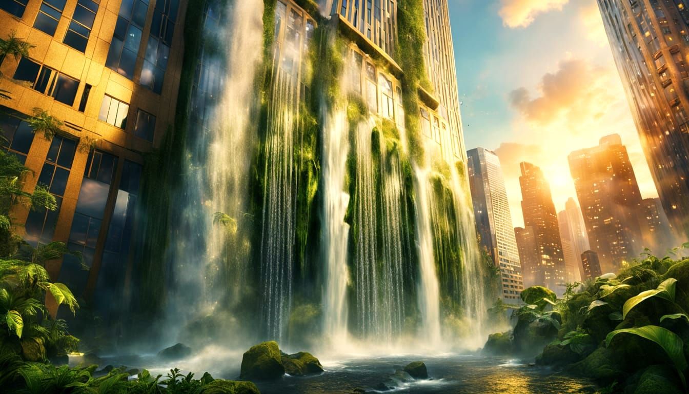 Surreal Waterfall Cascading Down Skyscraper