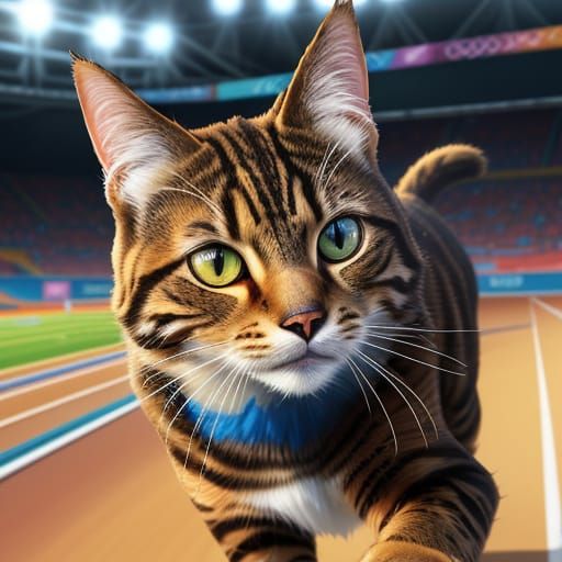 Cat Races on Olympic Track in Vibrant Digital Painting