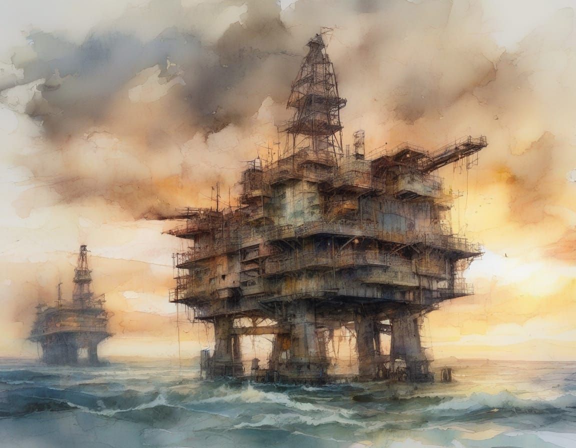 18th Century Oil Rig in Hyperrealistic Watercolor Style