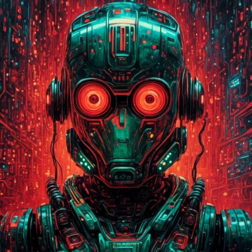 Scared Robot Portrait in Moody Emerald and Crimson Lighting