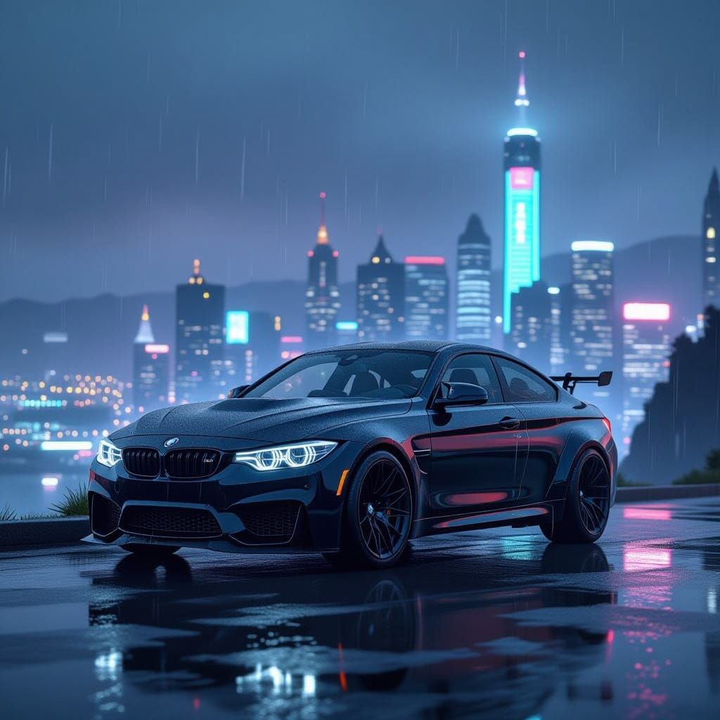 Cyberpunk BMW M3 G80 on Cliffside, Neon Cityscape at Night