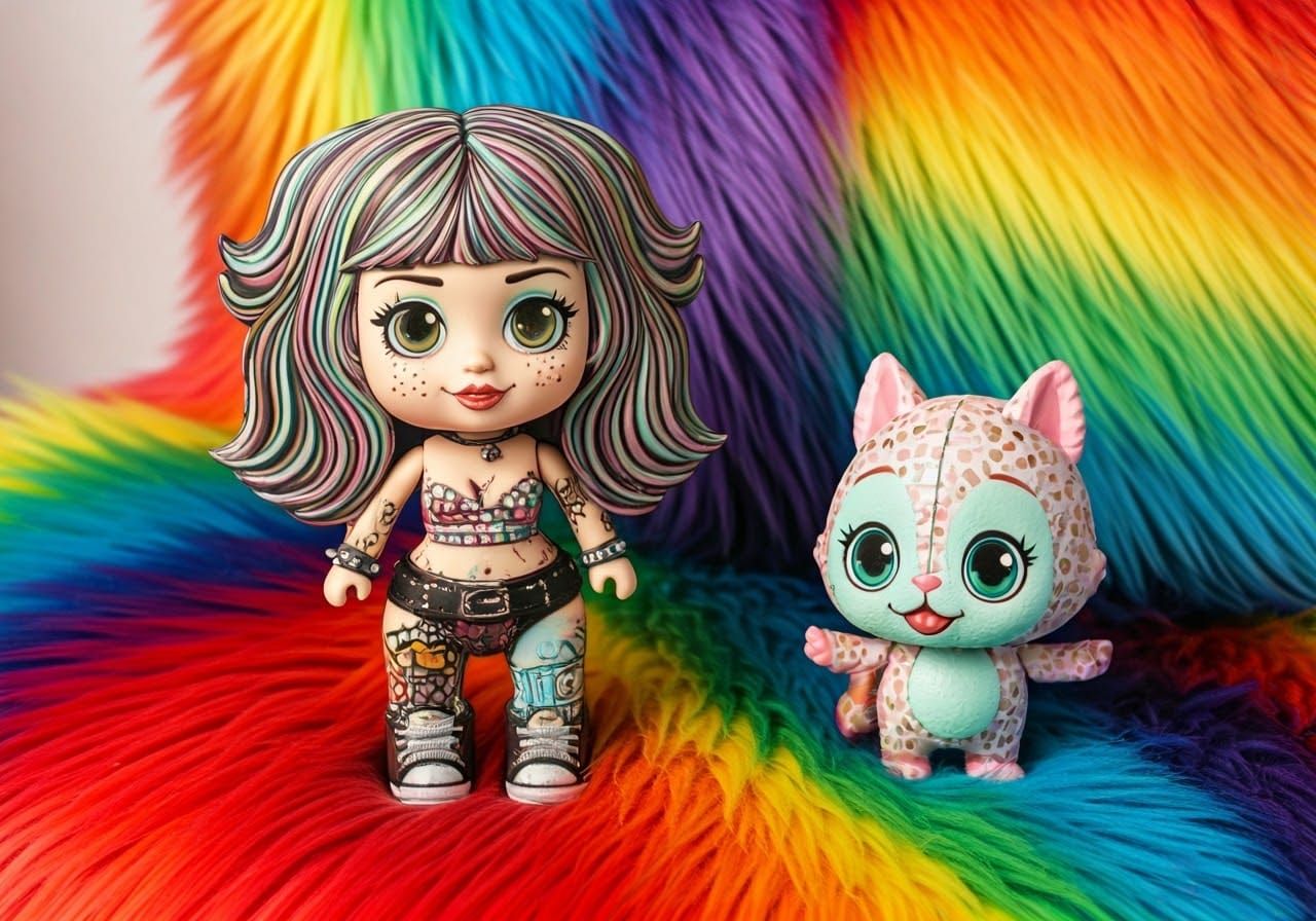 Cutepunk Action Figure and Sidekick in Rainbow Faux Fur