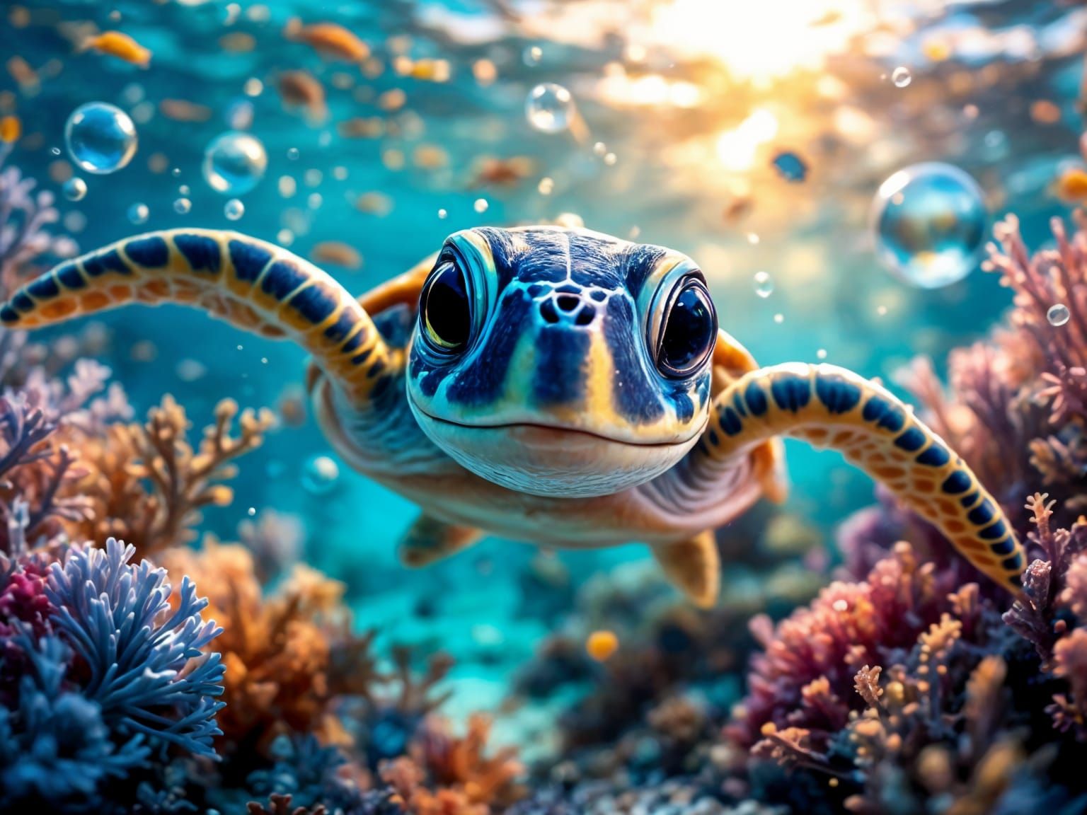 Vibrant Underwater Turtle in Dreamlike Ocean Scene