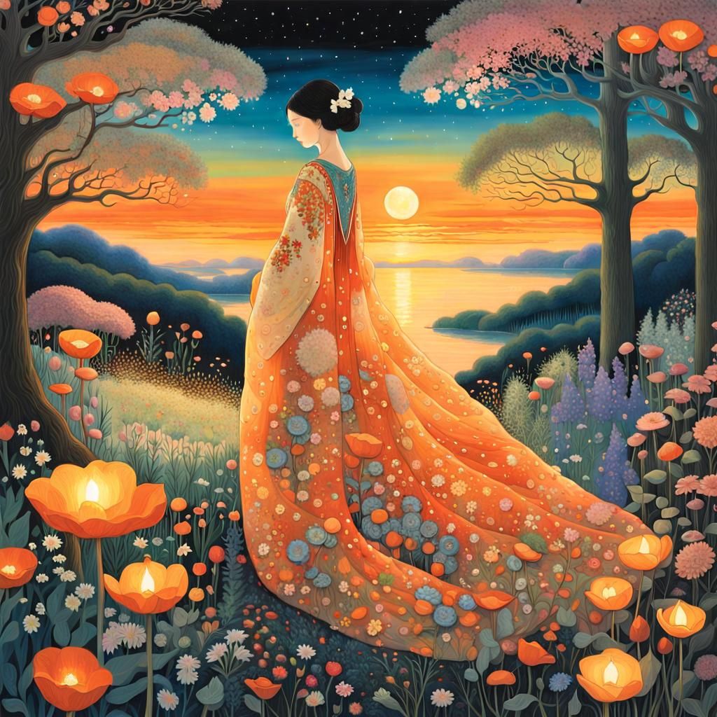 Sunset Woman in Enchanted Forest, Magical Realism