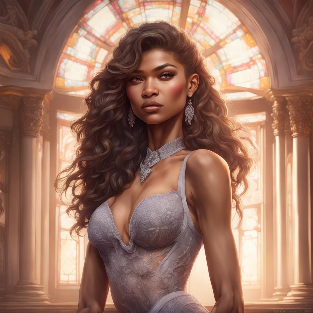 Zendaya with a very big bust, a beautiful neckline in a lace bra and a beautiful waistline giving a pose for photo
