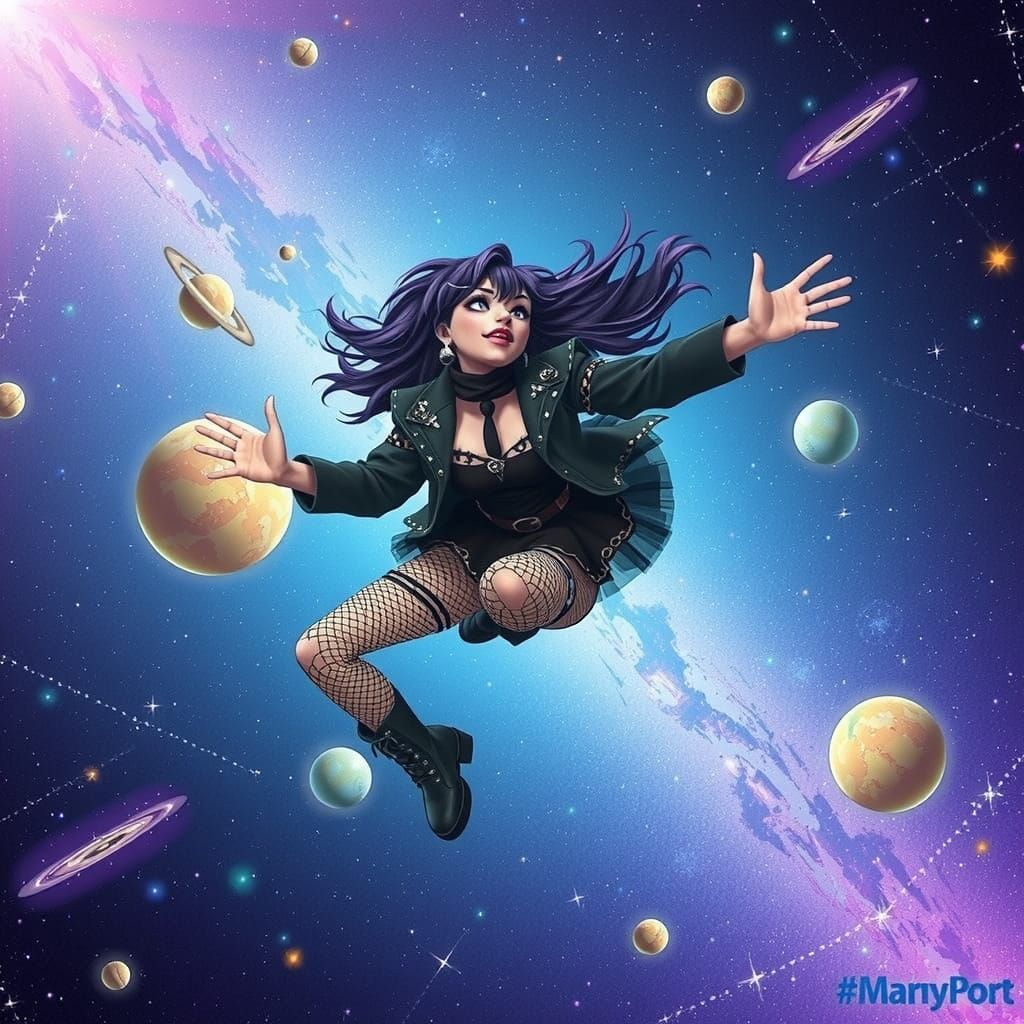 Goth Girl Soars Through Cosmic Galaxy in Vibrant, Celestial ...