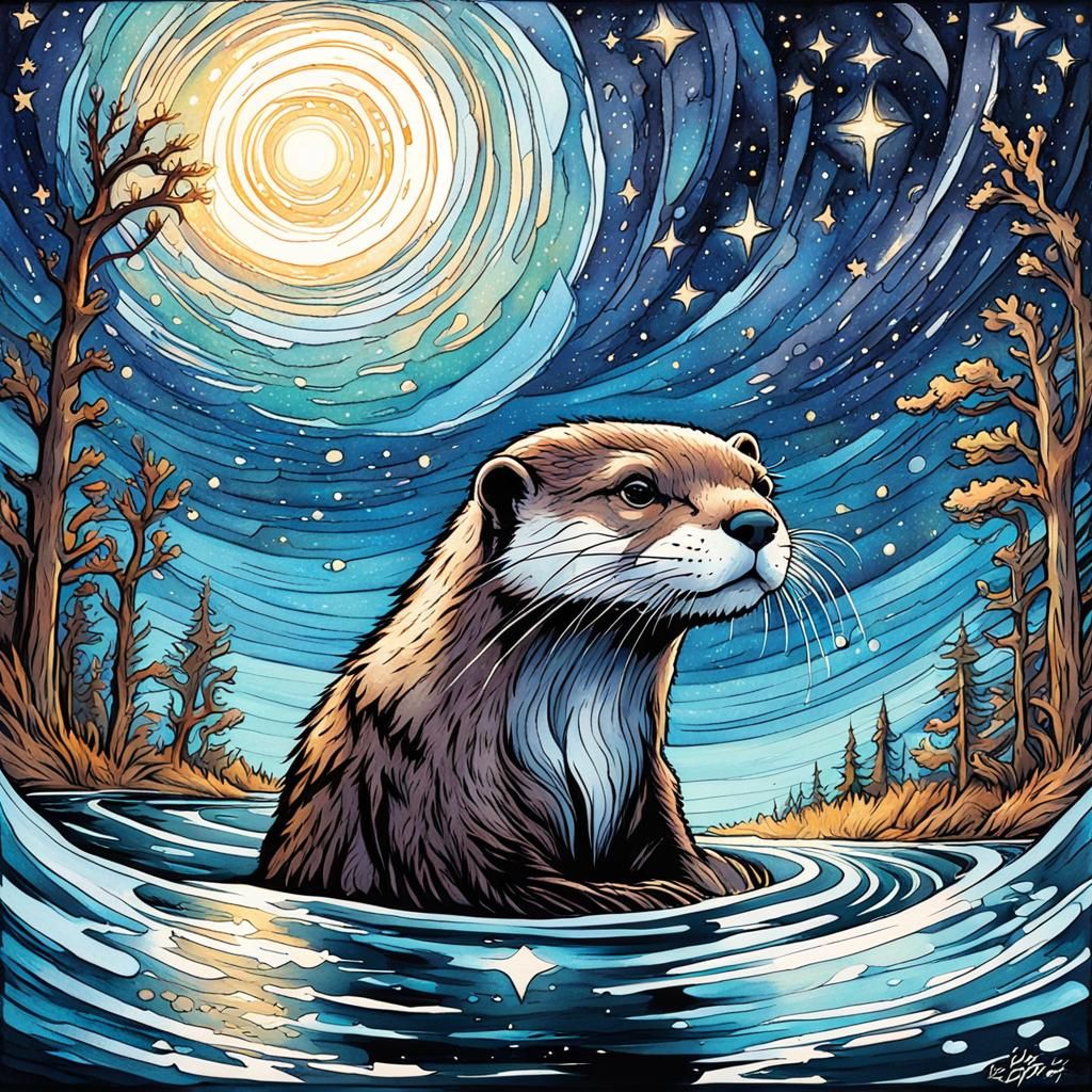 High Gothic Otter Under Starry Night in Watercolor
