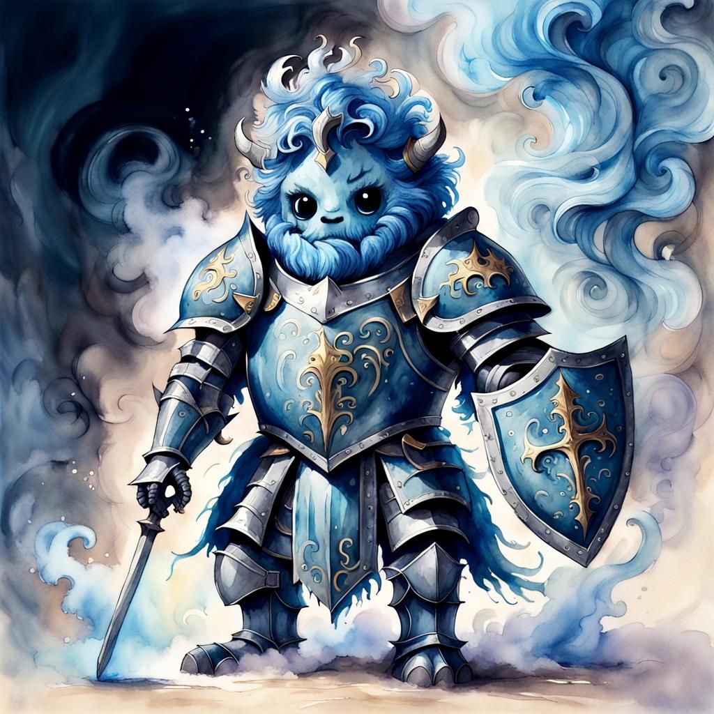 Adorable Blue Knight Monster in Watercolor Art