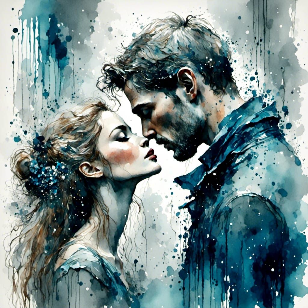 Passionate Kiss in Rain, Watercolor Portrait