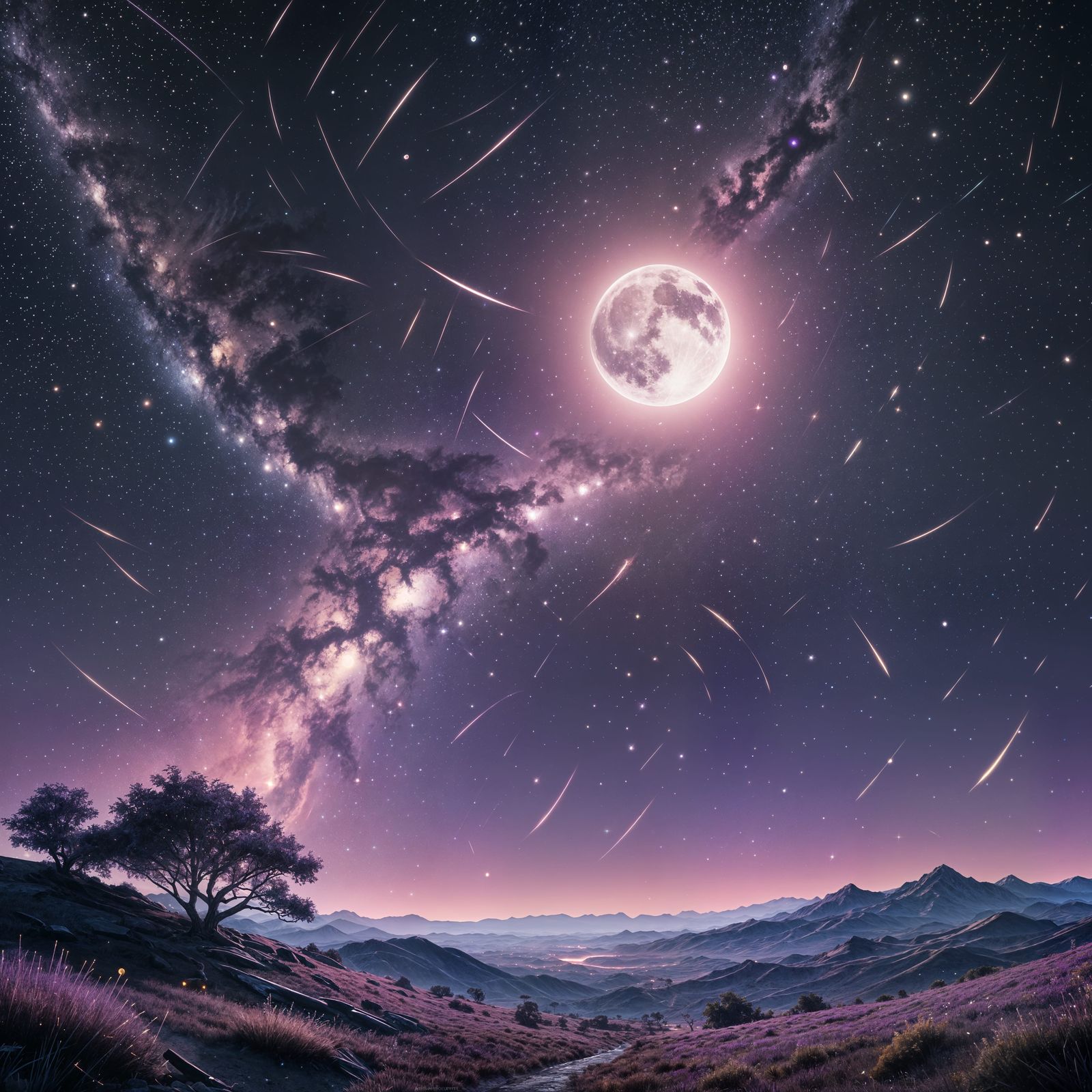 Detailed Night Sky with Moon and Shooting Stars