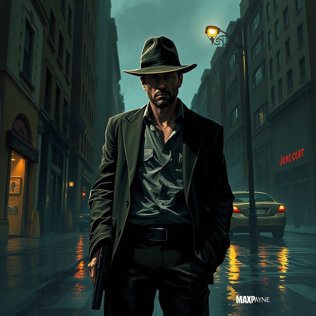 Max Payne in Rain-Soaked City, Film Noir Style