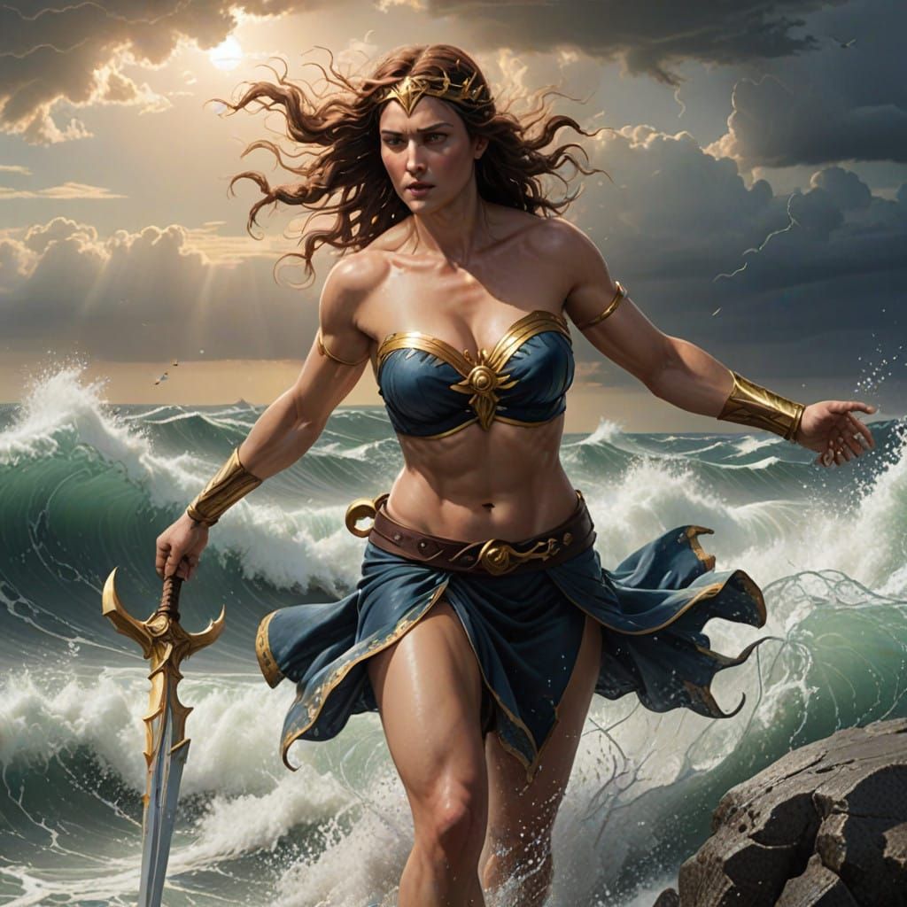 zeus as a female topless bare chested female battling the se...