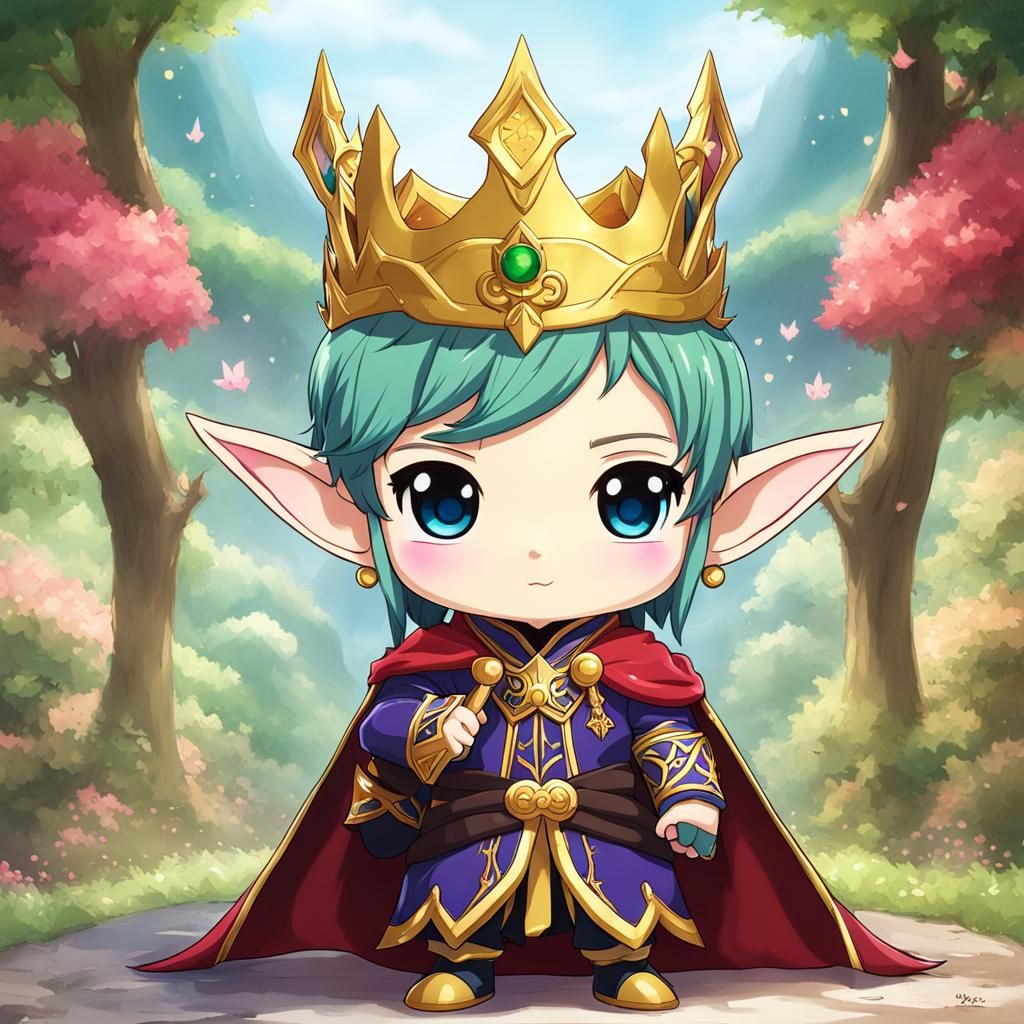 Kawaii Elf King in Anime Cartoon Style