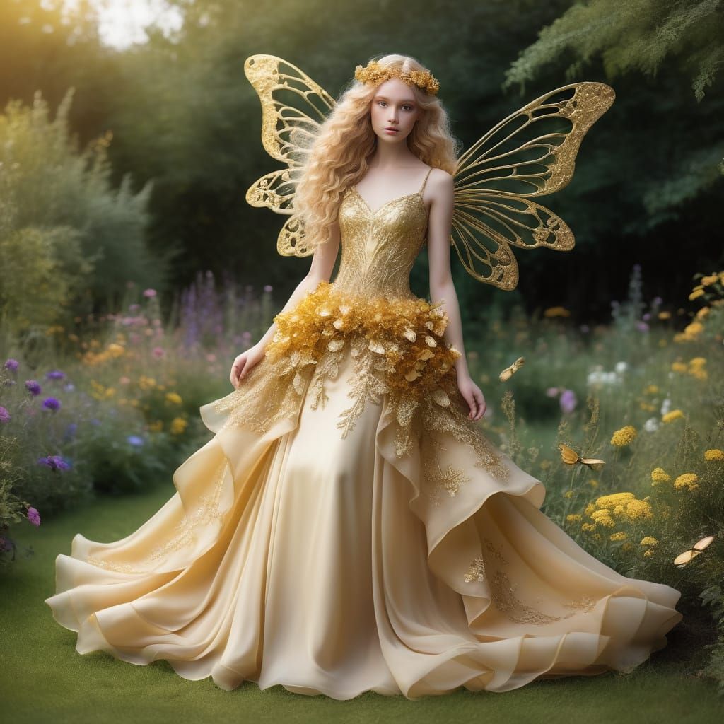 A full body shot of a beautiful fairy with curly golden hair.  She has crystalline wings with gold veins in them.  Her g...