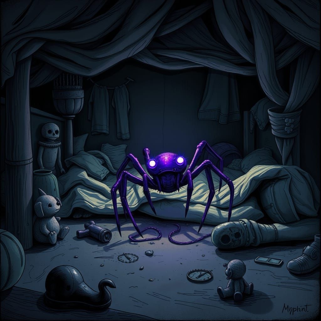 Adorable Purple Spider Hiding Under Child's Bed