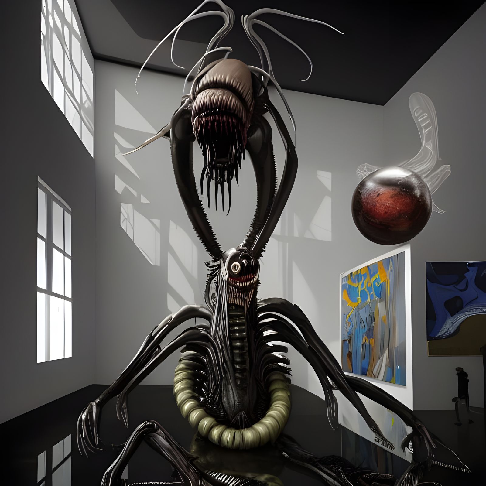 Hyperrealistic Xenomorph Gathering in Moody Setting