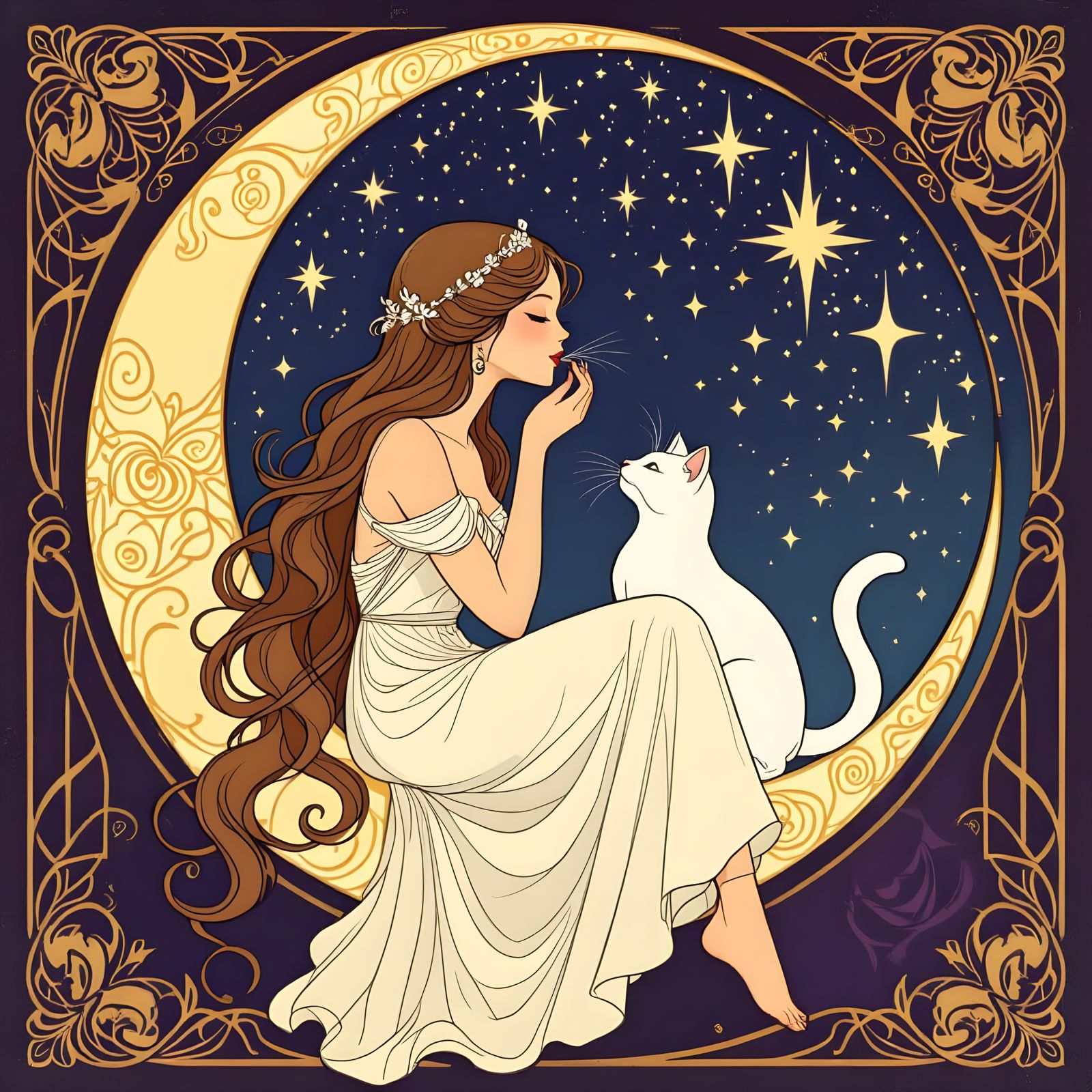 Art Nouveau Woman Kissing Cat on Moon