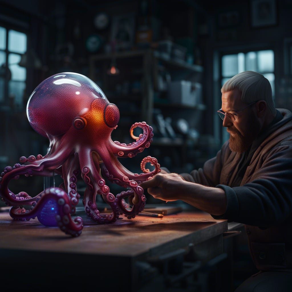 Hand Blown Glass Octopus Figurine in Matte Painting Style