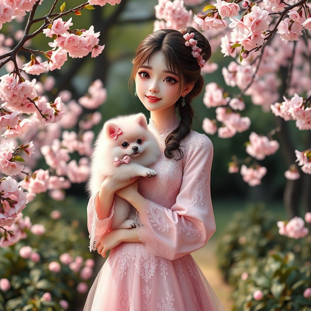Elegant Lady and Pink Pomeranian in Cherry Blossom Garden