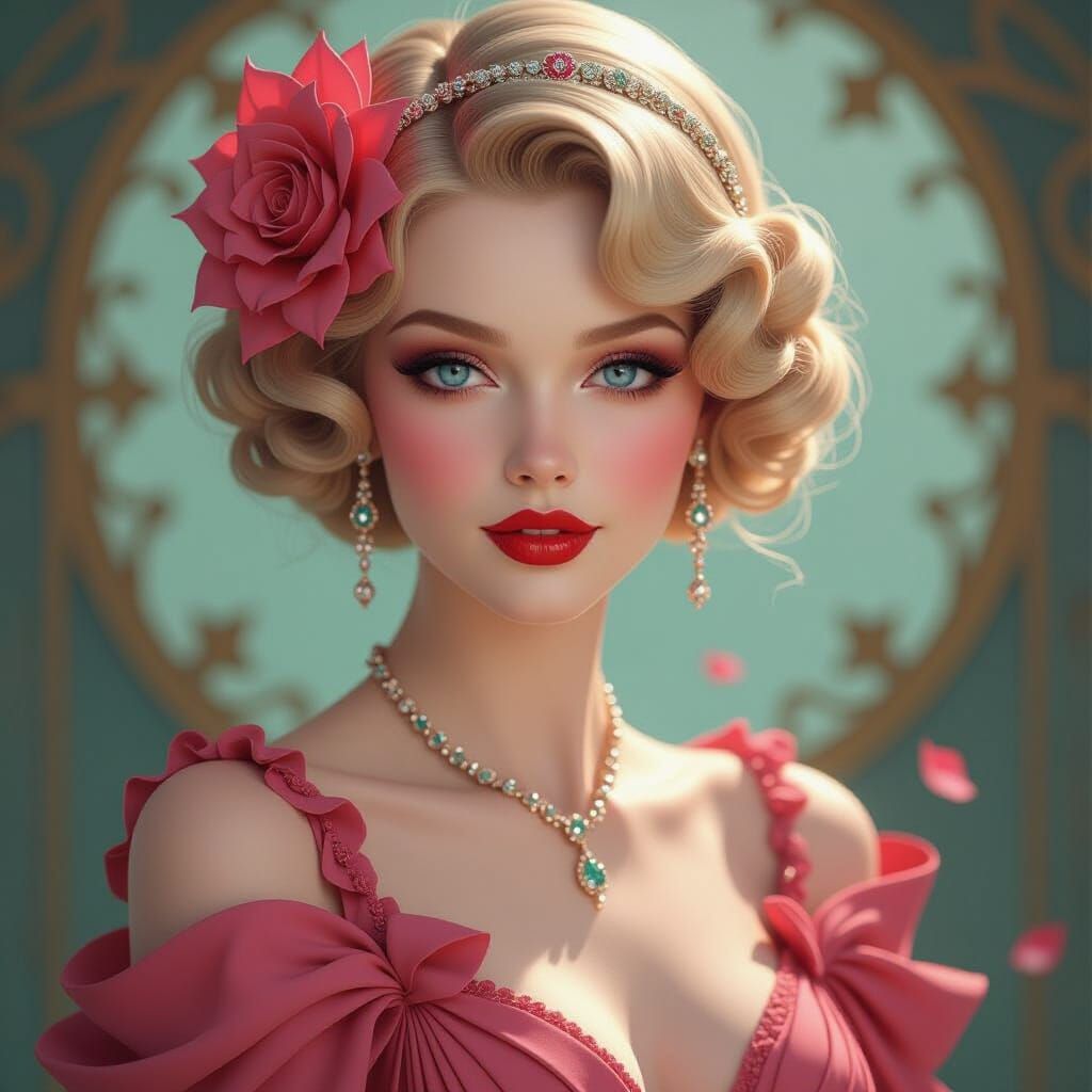 Art Nouveau Femme Fatale in Rose Gown