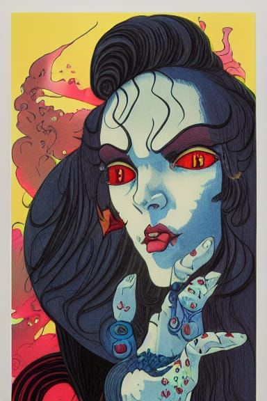 Iridescent Vampire Portrait in Ink and Watercolor