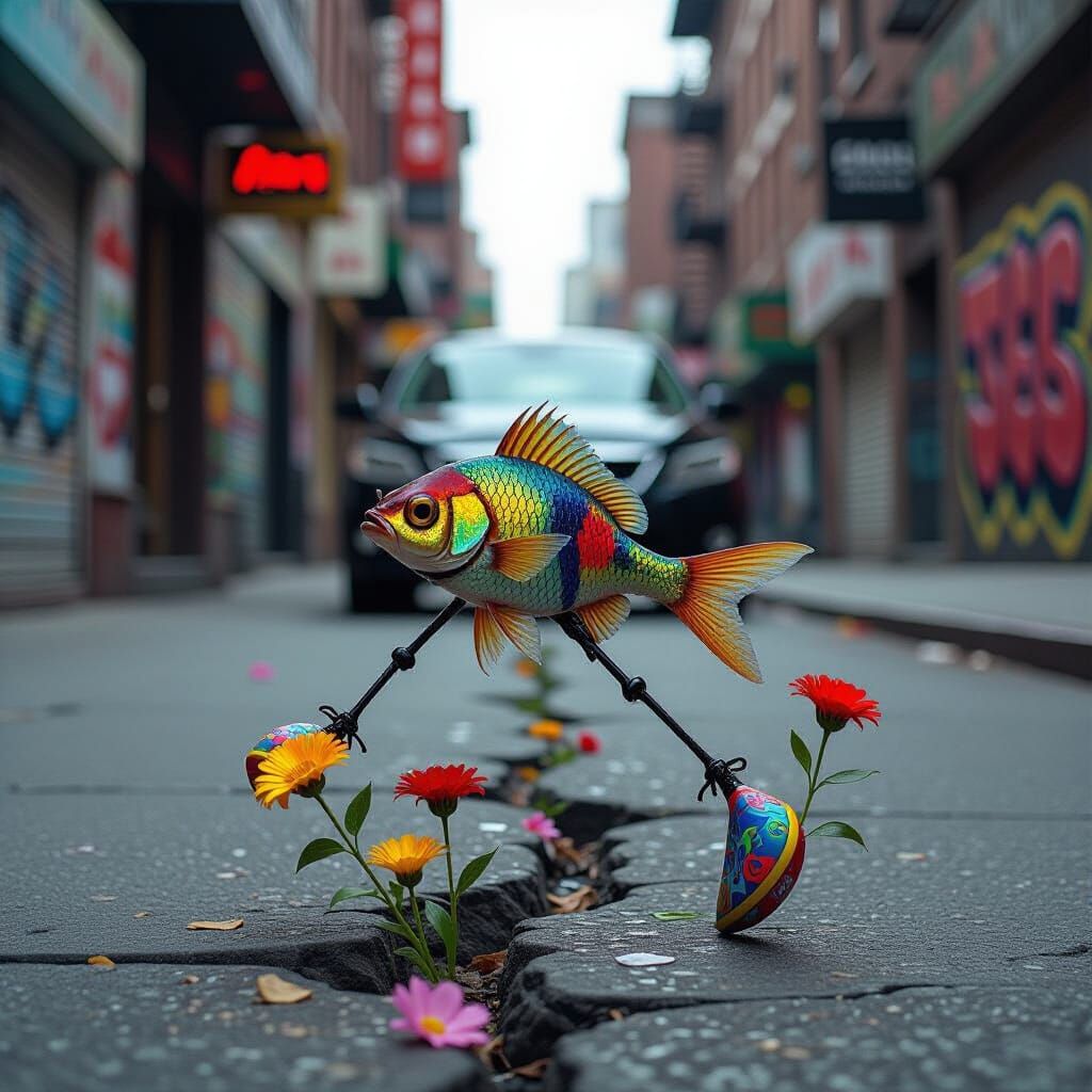 Surreal Fish-Saucers Bloom Flowers on Cracked Sidewalk