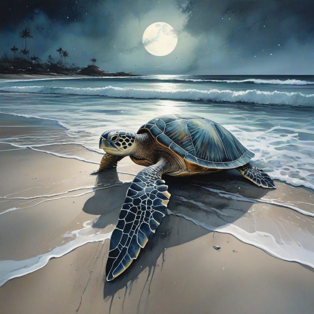 Ethereal Moonlit Beach Scene with Bioluminescent Waves and S...