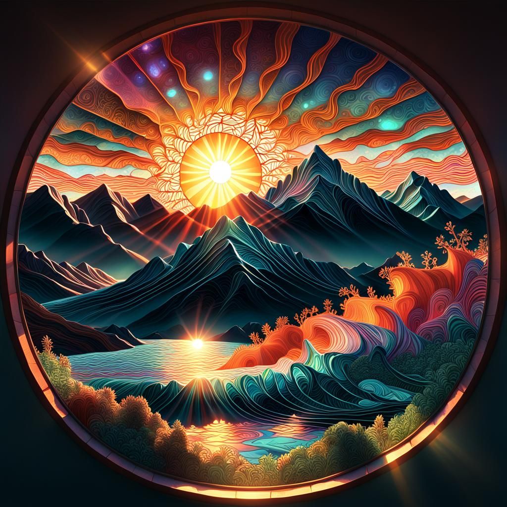 Salmon Sunrise Through Fractal Window, Digital Art