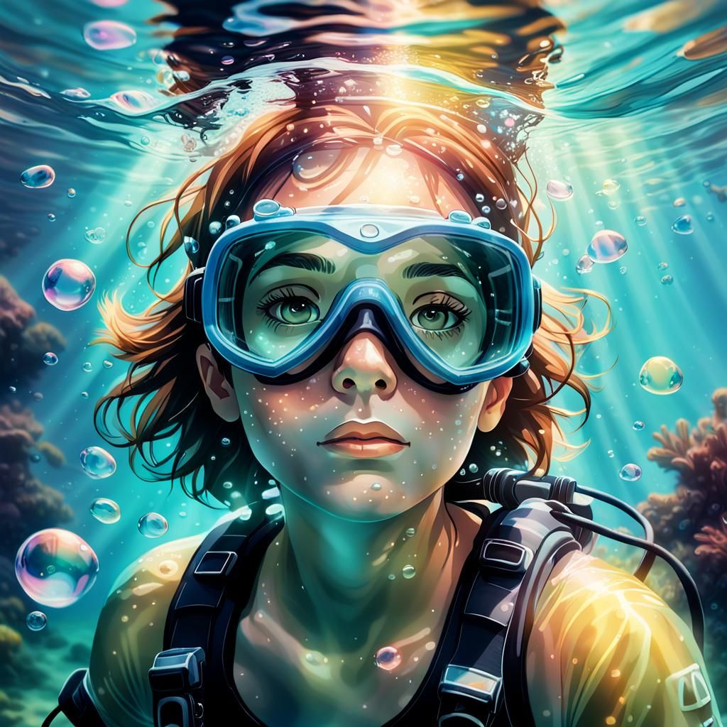 Underwater Diver Glimpse in Dreamy Pastel Art