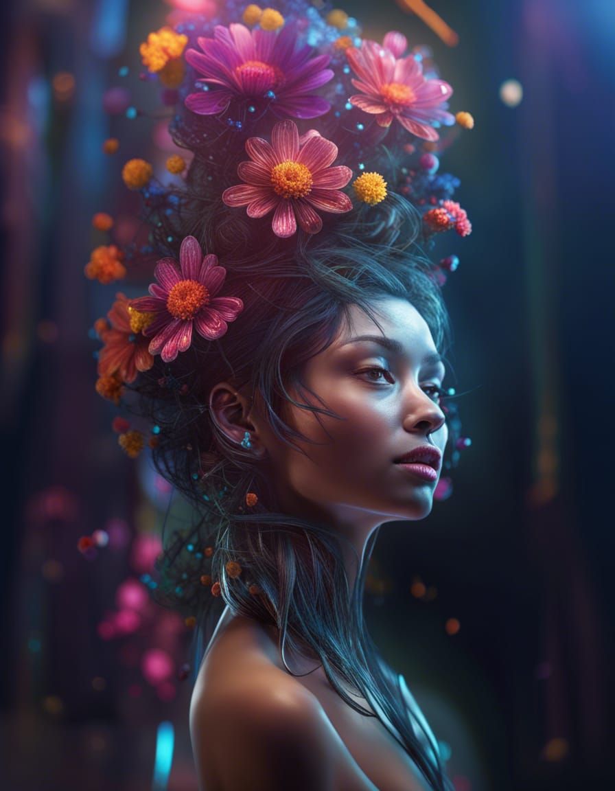 Iridescent Vase with Crystal Flowers in Cyberpunk Style