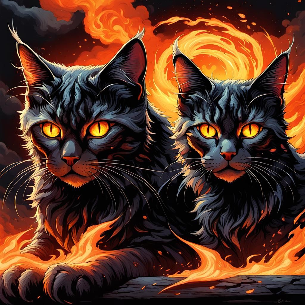 Tabby Cats Ascend as Dark Fantasy Fire Angels