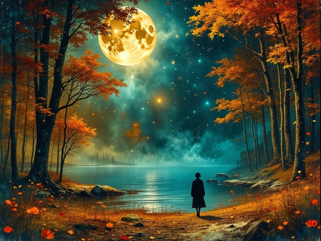 Dog Wanders Autumn Forest in Romantic Style