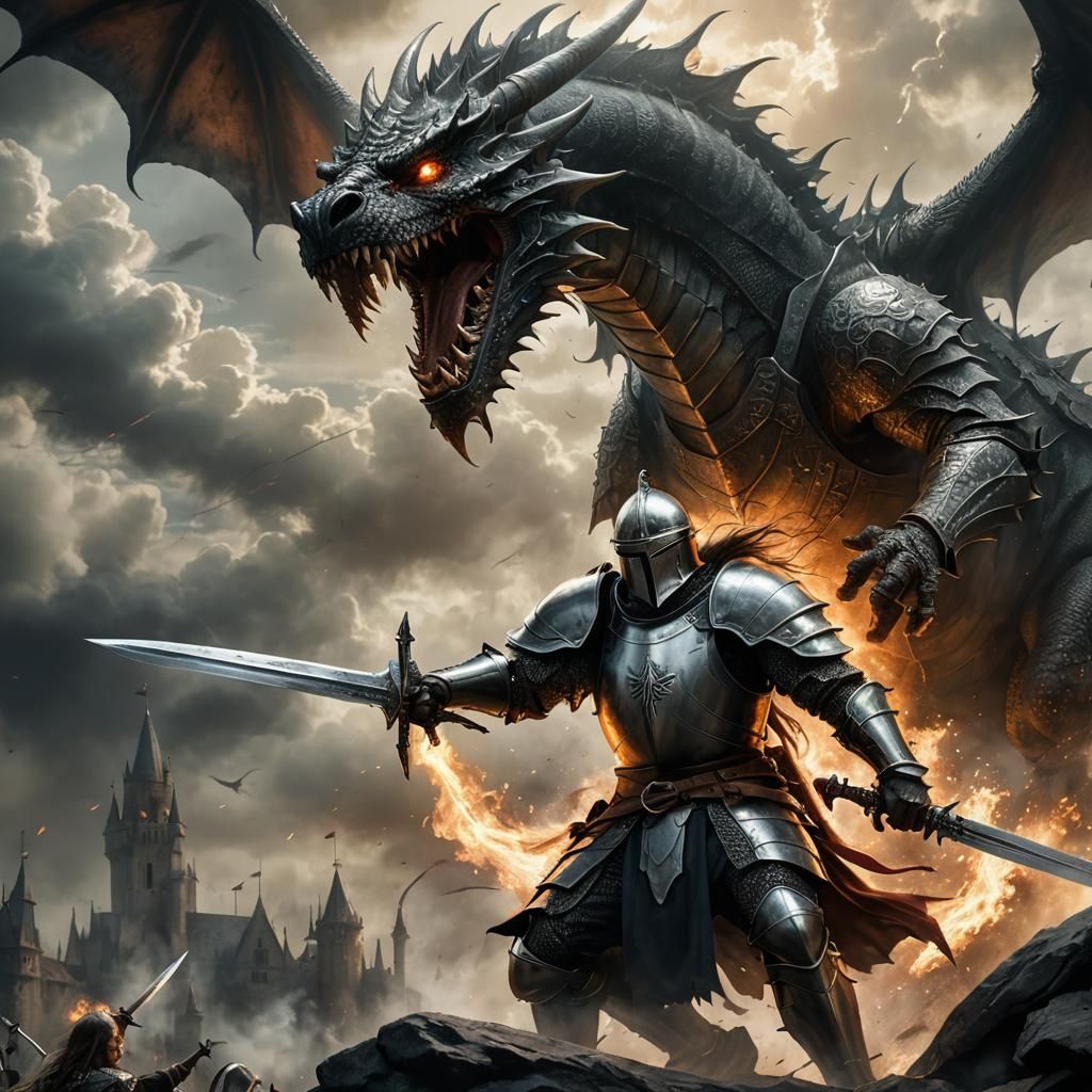 Medieval Knight Battles Dragon in Fantasy Art